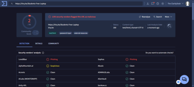 A screen capture of the scan analysis by VirusTotal.com 
