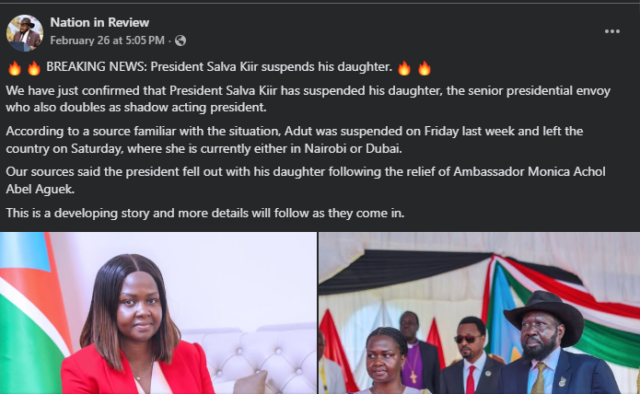 A screenshot of the Facebook post alleging the suspension of the senior presidential envoy on special programs