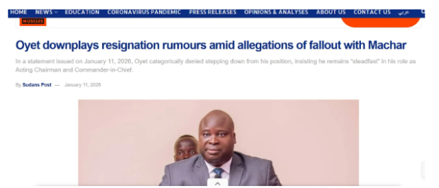 A screenshot of a publication on Sudans Post about Oyet downplaying the fallout