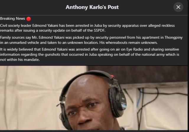 A screenshot showing the post claiming Yakani was arrested after speaking to Eye Radio