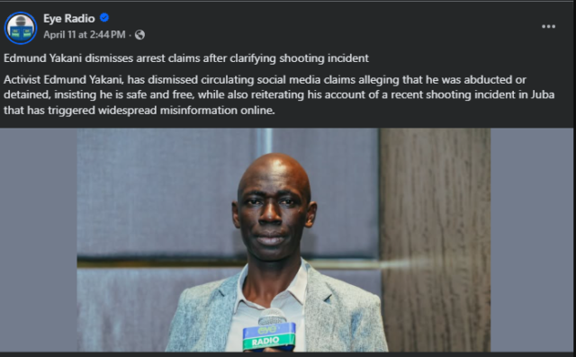 A screenshot of Eye Radio refuting the claim that Yakani is arrested after they interviewed him