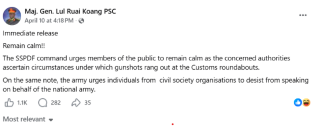 A screenshot showing the post from the SSPDF spokesperson, Lul Ruai