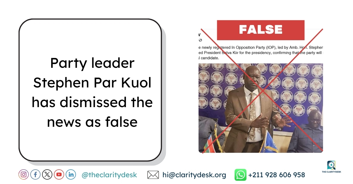 The IO Party has not endorsed President Salva Kiir for the presidency
